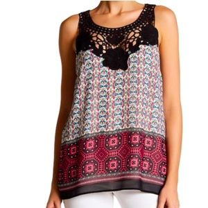 DR2 Black Abstract Print Crochet-Lace Knit Top